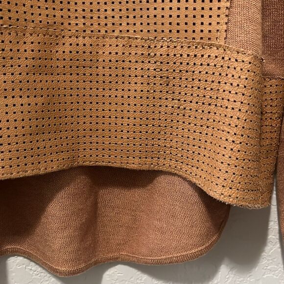 NEIMAN MARCUS Perforated Leather Front and Silk Cognac Long Sleeve Shirt, Size M - Picture 5 of 8